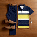 Men's Casual Navy Blue & Yellow Color Matching Striped Printed Short Sleeved Polo Shirt & Trousers Two-Piece Set202097