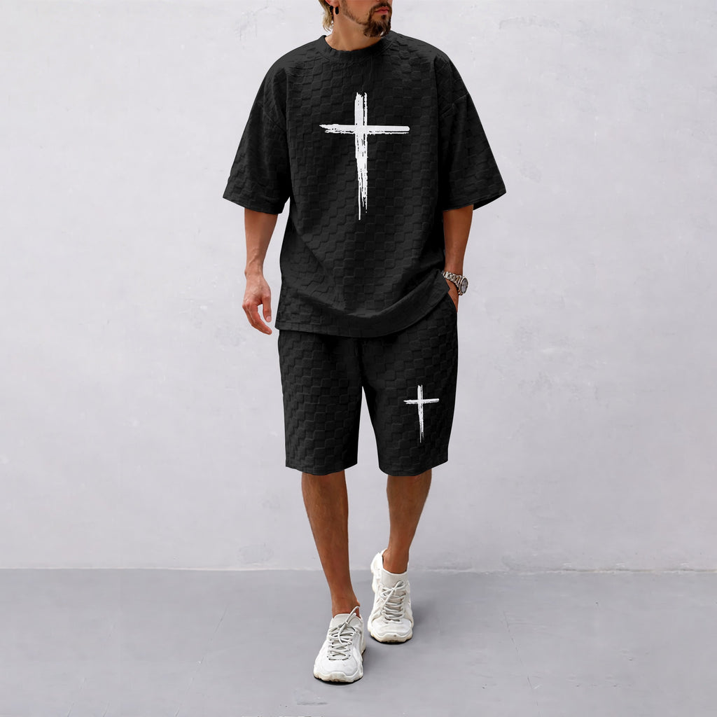 Men's Spring and Summer Cross Print Checkered Fabric Drawstring Shorts Set, Casual Summer Outfit with Short-Sleeved Shirt and Shorts, Ideal for Everyday Wear and Sports Activities