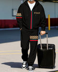 Men's Retro Luxury Thickened Fleece Colorblock Jacket Sports Hoodie Set 10