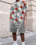 Men's Summer Colorblock Printed Round Neck Set 641