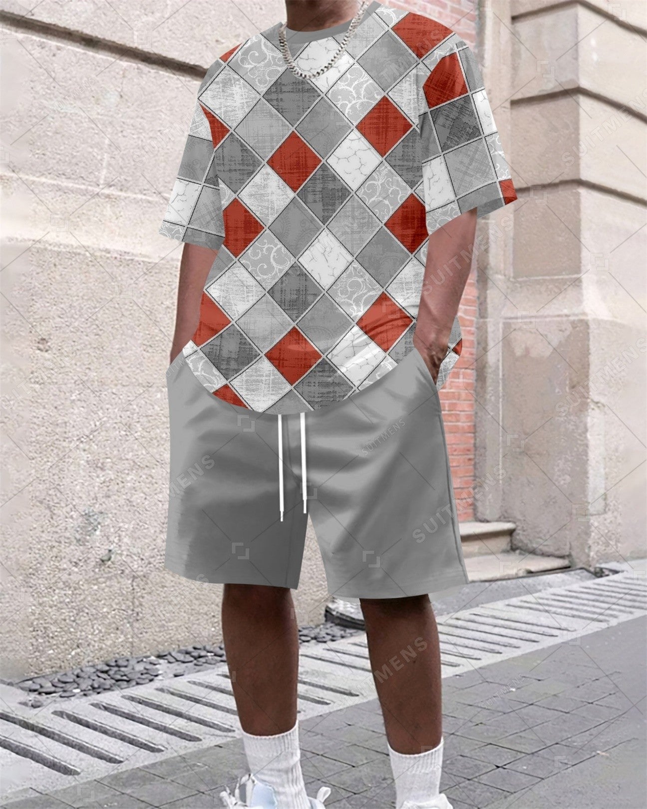 Men's Summer Colorblock Printed Round Neck Set 641