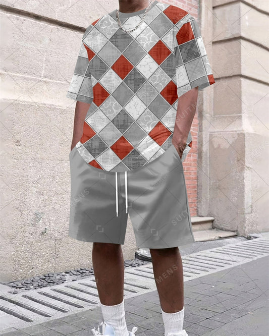 Men's Summer Colorblock Printed Round Neck Set 641