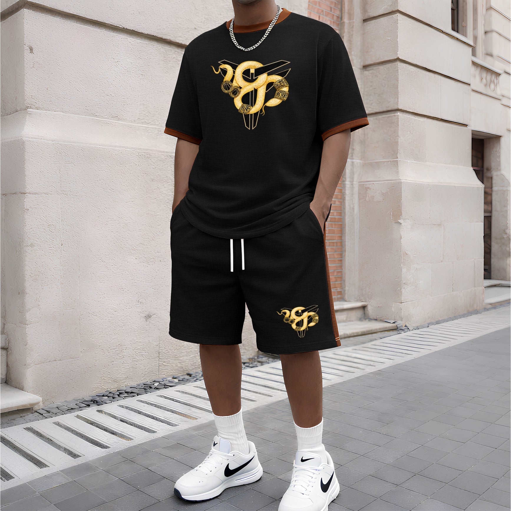 Men's Patterned Short-Sleeved T-Shirt And Drawstring Shorts Set, Men's Clothing, Casual Sports Short-Sleeved Top And Shorts, Men's Summer Everyday Wear, Indoor And Outdoor Sportswear, Sports Set.