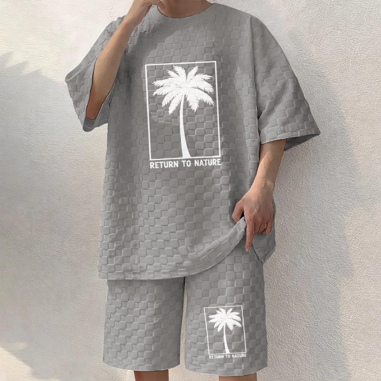 Men's Palm Print Spring And Summer Drawstring Shorts Set, A Casual Summer Outfit, Including A Short-Sleeved Shirt And Shorts, Suitable For Everyday Wear And Sports Activities.