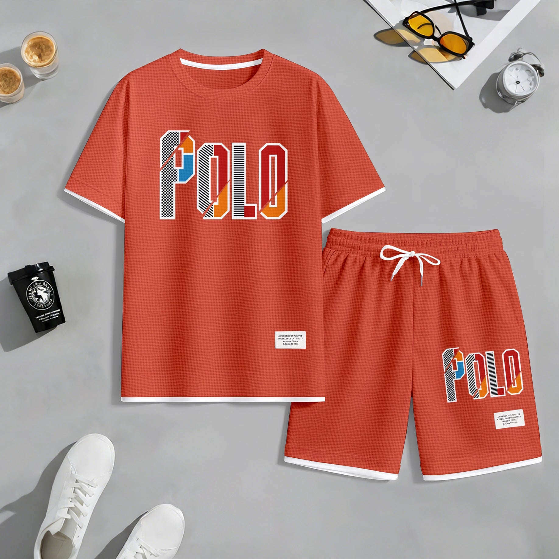 Men's Retro Cool Letter Print Short Sleeve T-Shirt & Shorts Set, Summer Lightweight Waffle Sporty Casual Two-Piece Outfit, Streetwear for Gym & Daily Wear