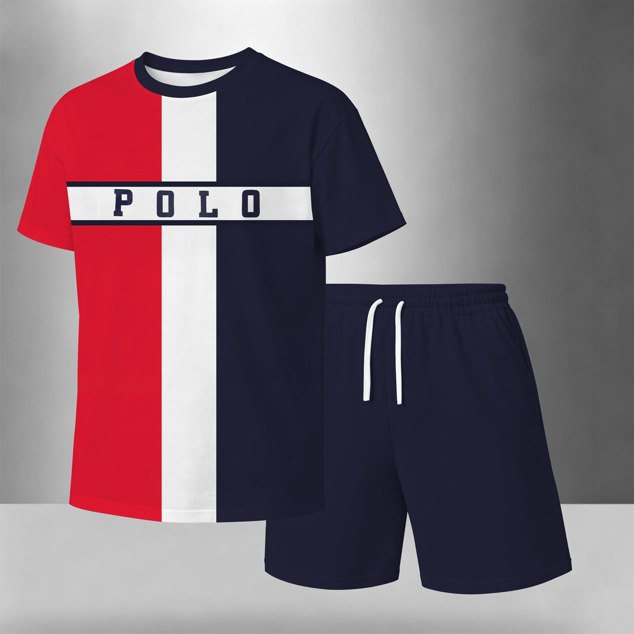 Men’s Casual Short Sleeve T Shirt and Shorts Set, Red White Blue Color Block Summer 2 Piece Outfit, Soft Breathable Matching Set for Beach, Outdoor Activities, Travel, Workout, and Everyday Style