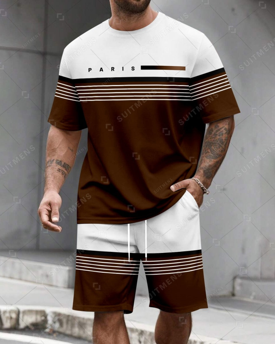 Men's Summer Colorblock Printed Round Neck Set 482