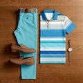 Men's Casual Blue Geometry Printed Polo Shirt And Pants Two-Piece Set