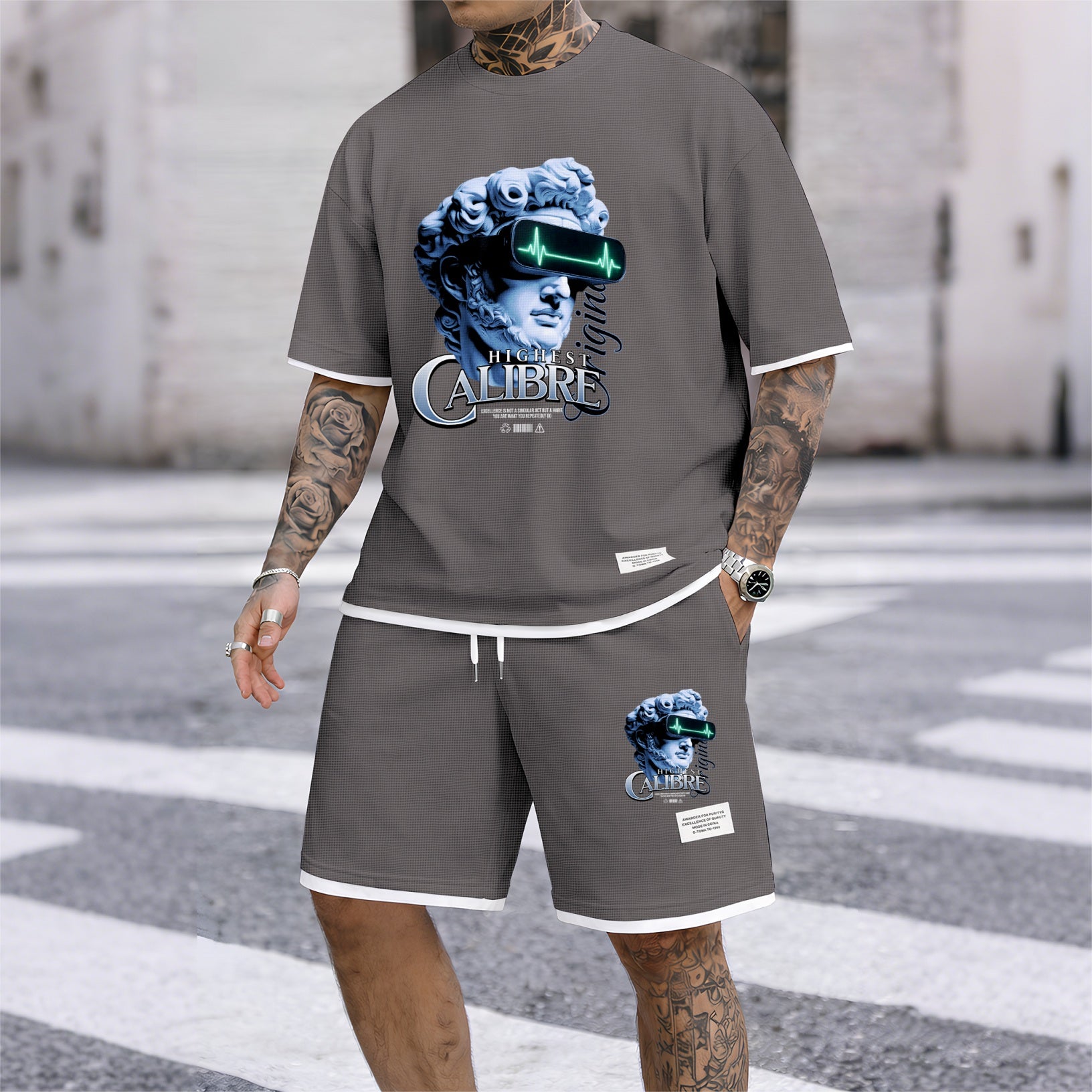 Men's Vintage Statue Graphic Print Short Sleeve Shirt and Drawstring Shorts Set, Casual Summer Two-Piece Outfit, Lightweight Breathable Relaxed Fit Sportswear for Daily Wear, Beach, Vacation, Travel, Loungewear