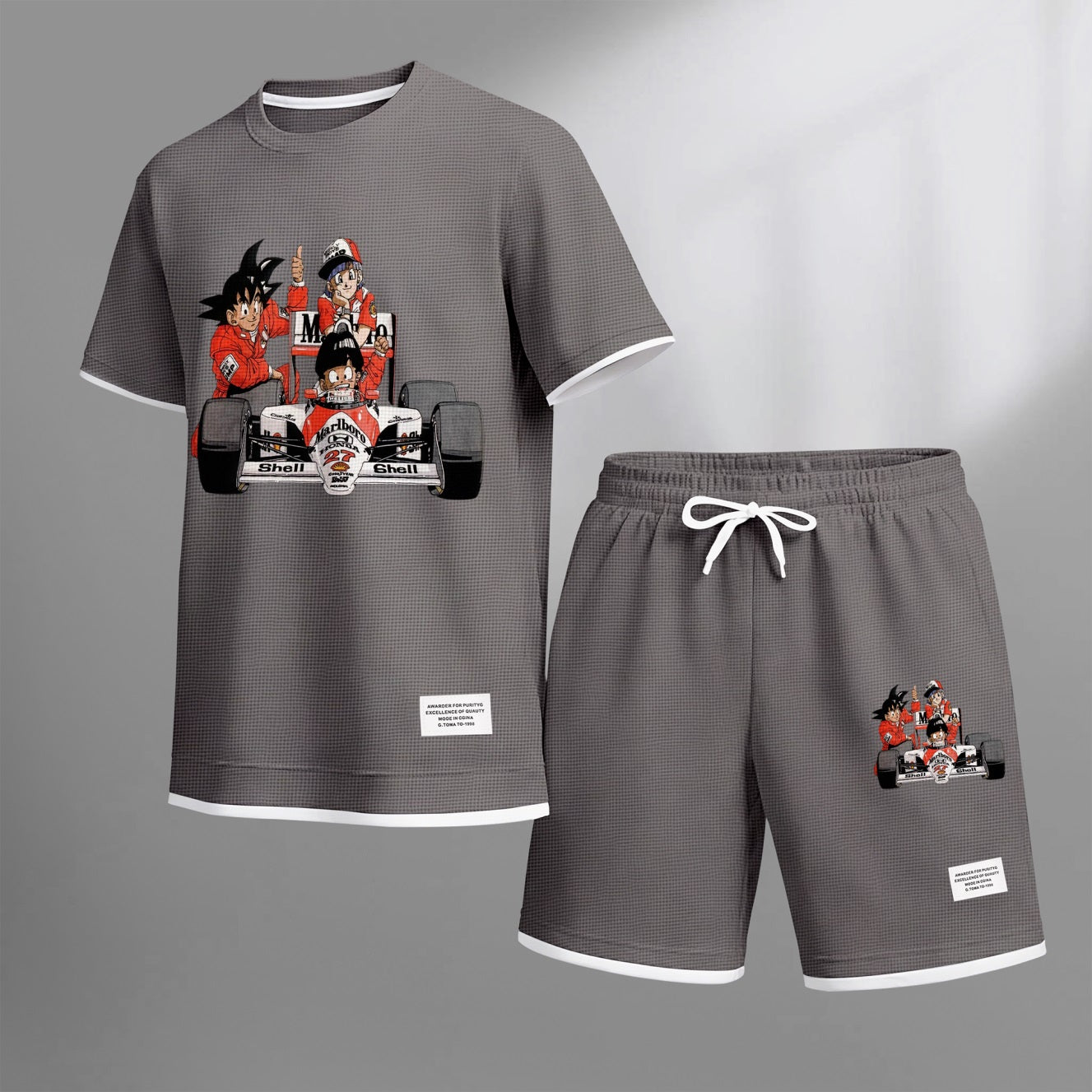 Men's Anime Racing Print Waffle Fabric Short-Sleeved Shirt And Shorts Set