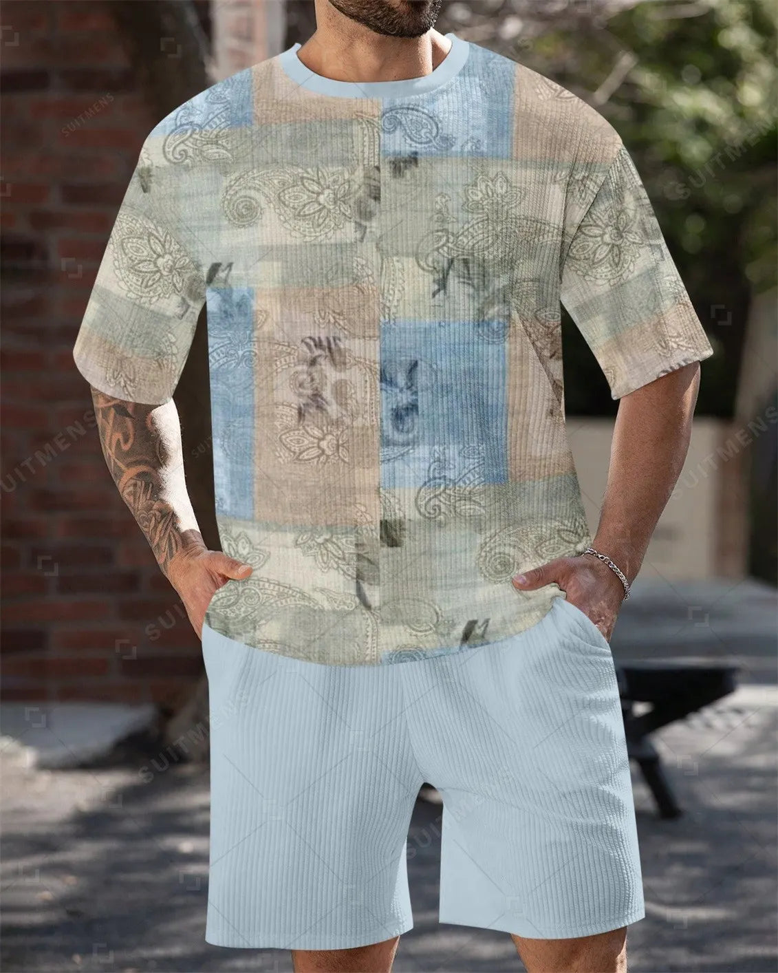 Men's Simple Color Matching Summer Round Neck Set 202