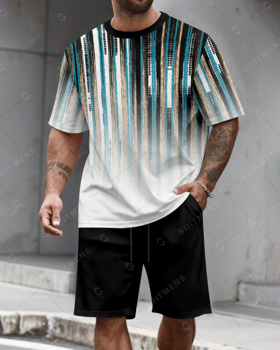 Men's Summer Colorblock Printed Round Neck Set 292