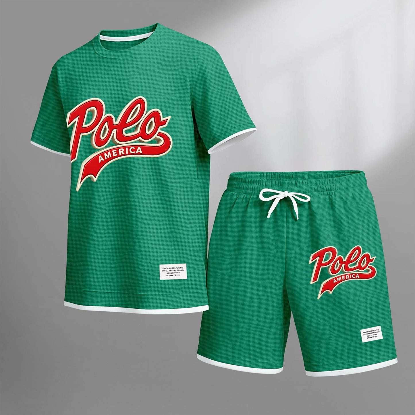 Men's American-style printed drawstring shorts set is ideal for spring and summer. This casual summer outfit includes a short-sleeved shirt and shorts, suitable for everyday wear and athletic activities.