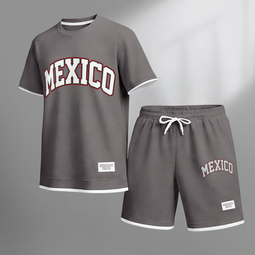 Men's Casual Style MEXICO Print Waffle Fabric Short-Sleeved Shirt And Shorts Set