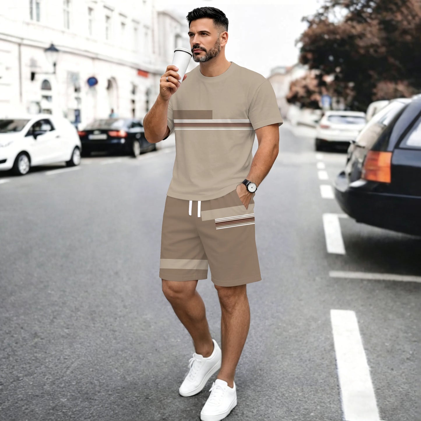Men’s Casual Short Sleeve T Shirt and Shorts Set, Contrast Stripe Summer 2 Piece Outfit, Soft Breathable Matching Set with Drawstring Shorts for Beach, Outdoor Activities, Travel, Workout, and Everyday Style
