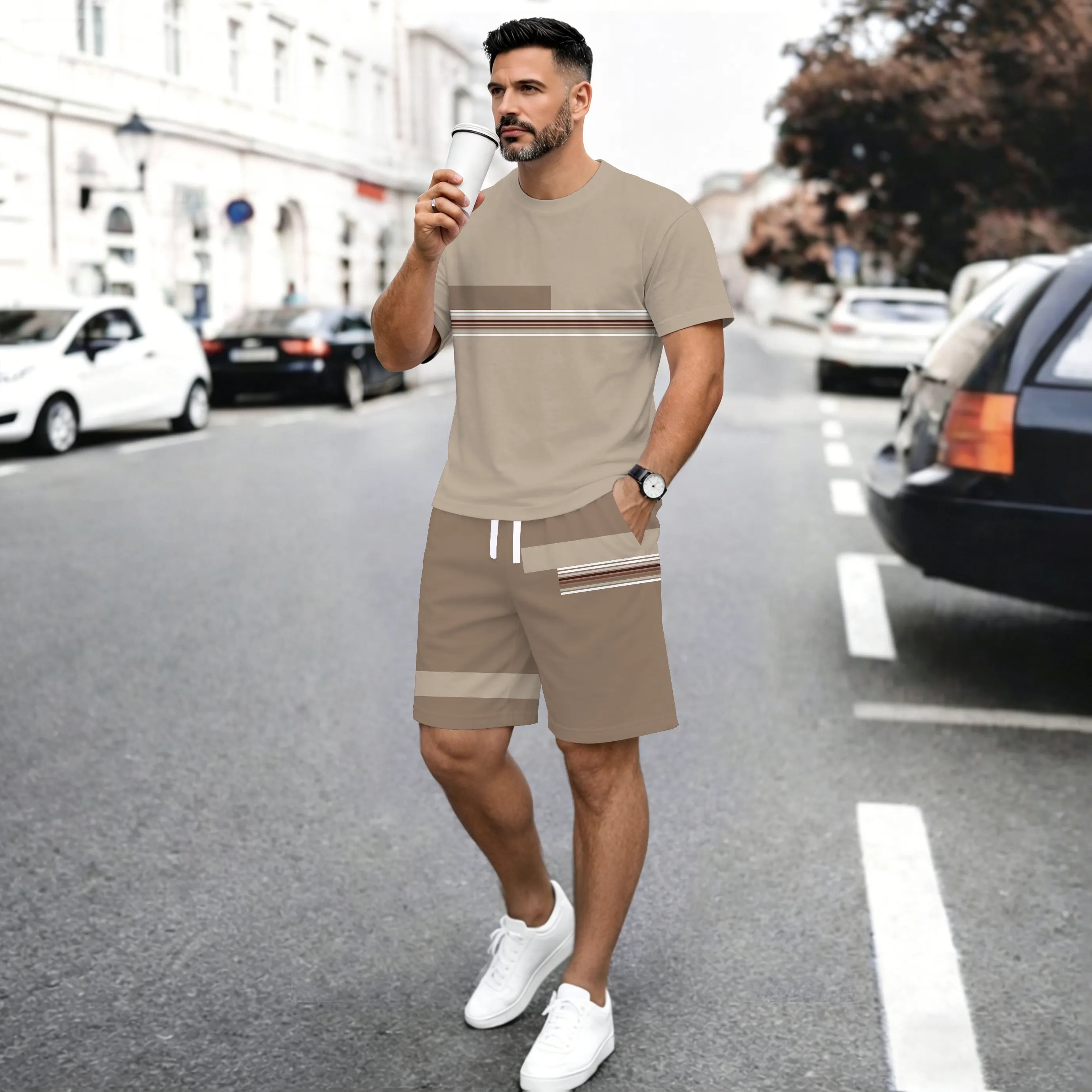 Men’s Casual Short Sleeve T Shirt and Shorts Set, Contrast Stripe Summer 2 Piece Outfit, Soft Breathable Matching Set with Drawstring Shorts for Beach, Outdoor Activities, Travel, Workout, and Everyday Style