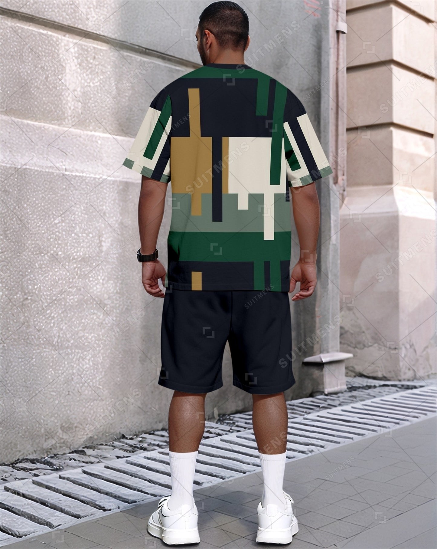 Men's Summer Colorblock Printed Round Neck Set 630