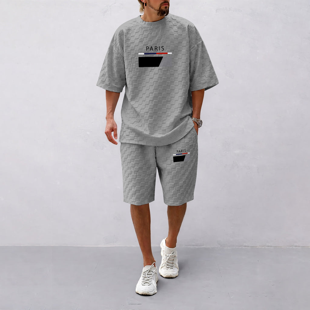 Men's Spring and Summer Paris Letter Print Checkered Fabric Drawstring Shorts Set, Casual Summer Outfit with Short-Sleeved Shirt and Shorts, Ideal for Everyday Wear and Sports Activities