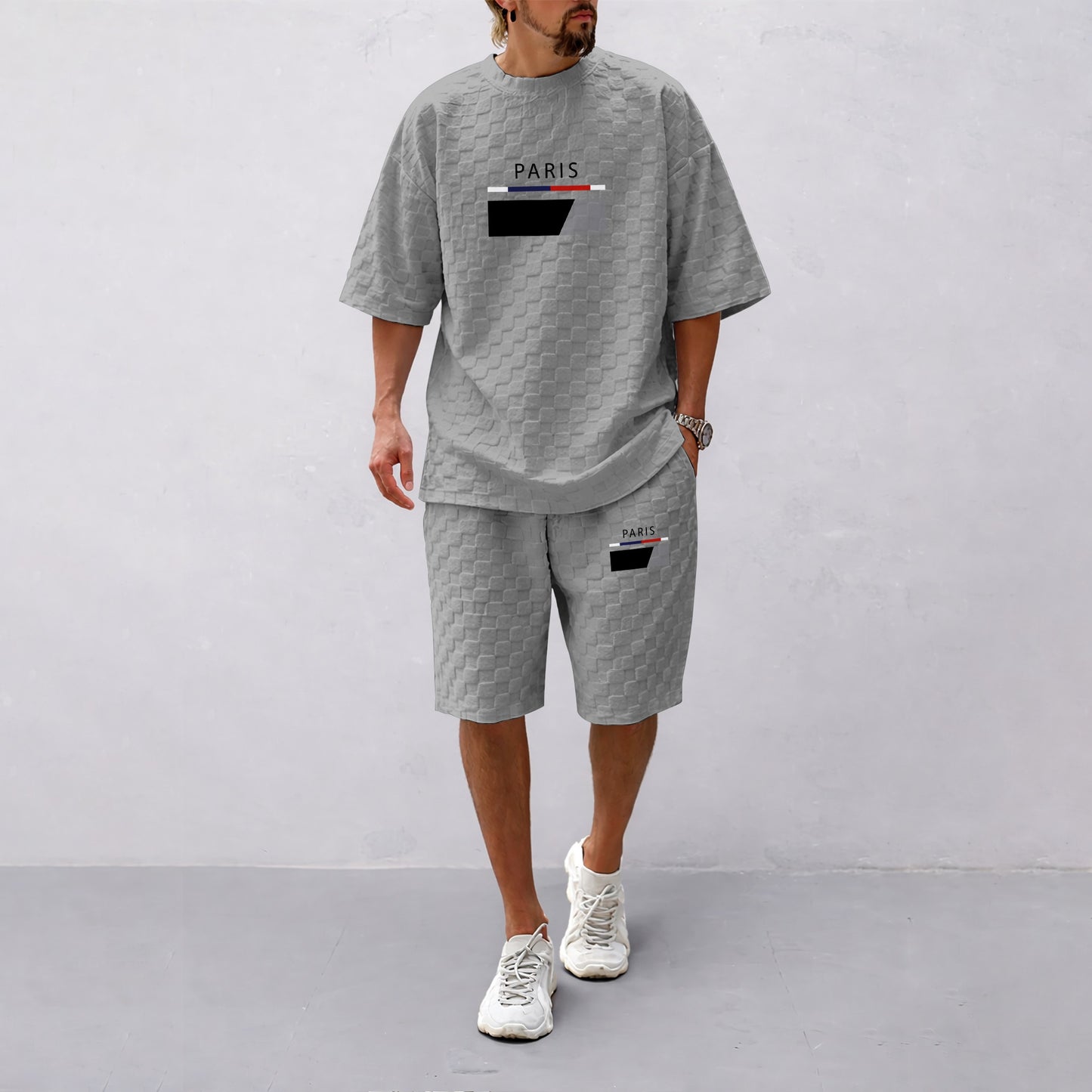 Men's Spring and Summer Paris Letter Print Checkered Fabric Drawstring Shorts Set, Casual Summer Outfit with Short-Sleeved Shirt and Shorts, Ideal for Everyday Wear and Sports Activities