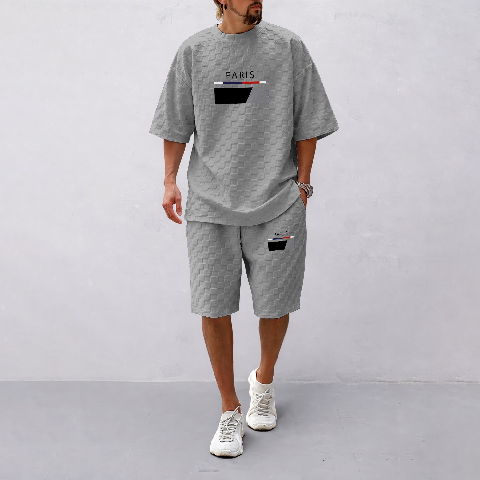 Men's Spring and Summer Paris Letter Print Checkered Fabric Drawstring Shorts Set, Casual Summer Outfit with Short-Sleeved Shirt and Shorts, Ideal for Everyday Wear and Sports Activities