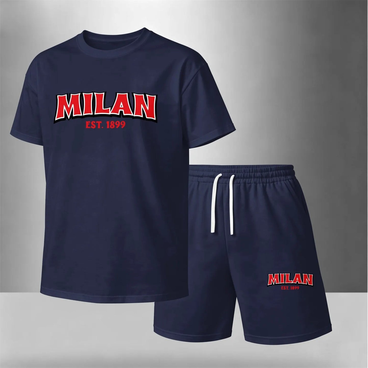 Men's Summer Two-Piece Set: Featuring a short-sleeve T-shirt with a "Milan" letter print paired with drawstring shorts, this lightweight and breathable casual outfit is perfect for the beach, vacations, workouts, travel, running, and everyday wear.