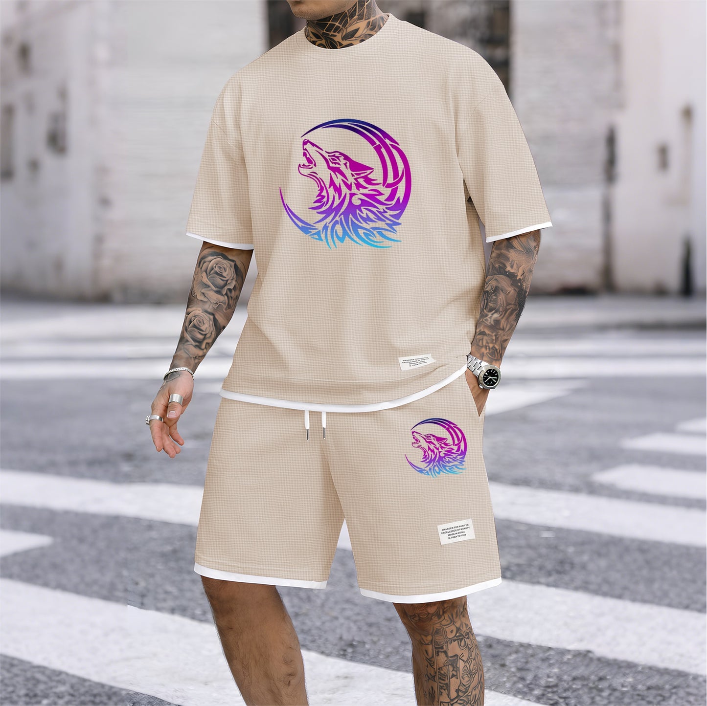 Men's Gradient Wolf & Moon Graphic Print Waffle Short Sleeve T-Shirt & Shorts Set, Summer Lightweight Sporty Casual Two-Piece Outfit, Streetwear for Gym & Daily Wear