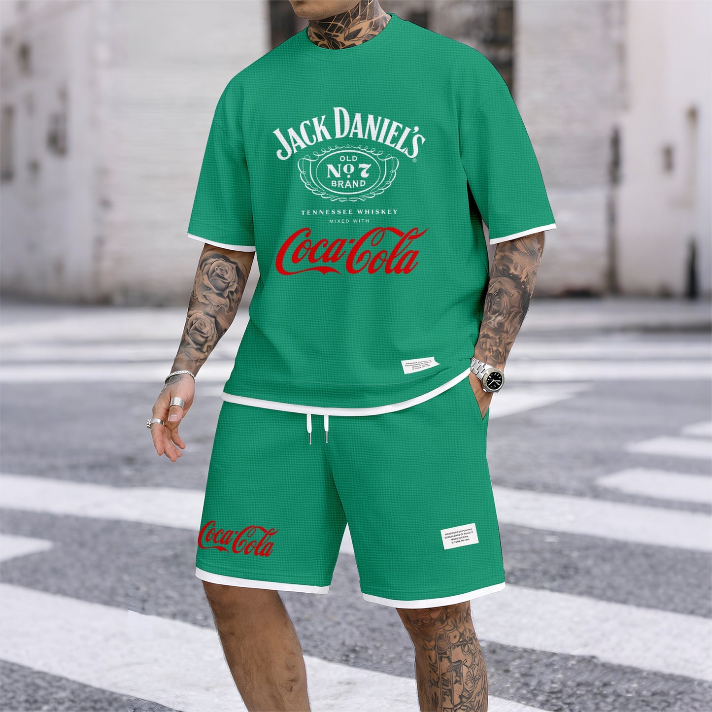 Men's Beer Print Drawstring Shorts Set, Suitable For Spring And Summer Wear, Casual Summer Set, Including Short-Sleeved Shirt And Shorts, Suitable For Everyday Wear And Sports 06
