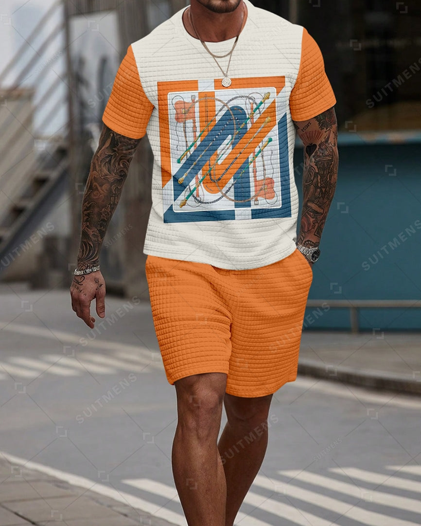 Men's Casual Waffle Textured Summer Round Neck Short Sleeve Shorts Set 0025