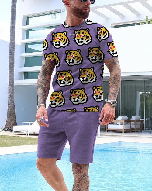 Men's Casual Tiger Print Shorts Set 43