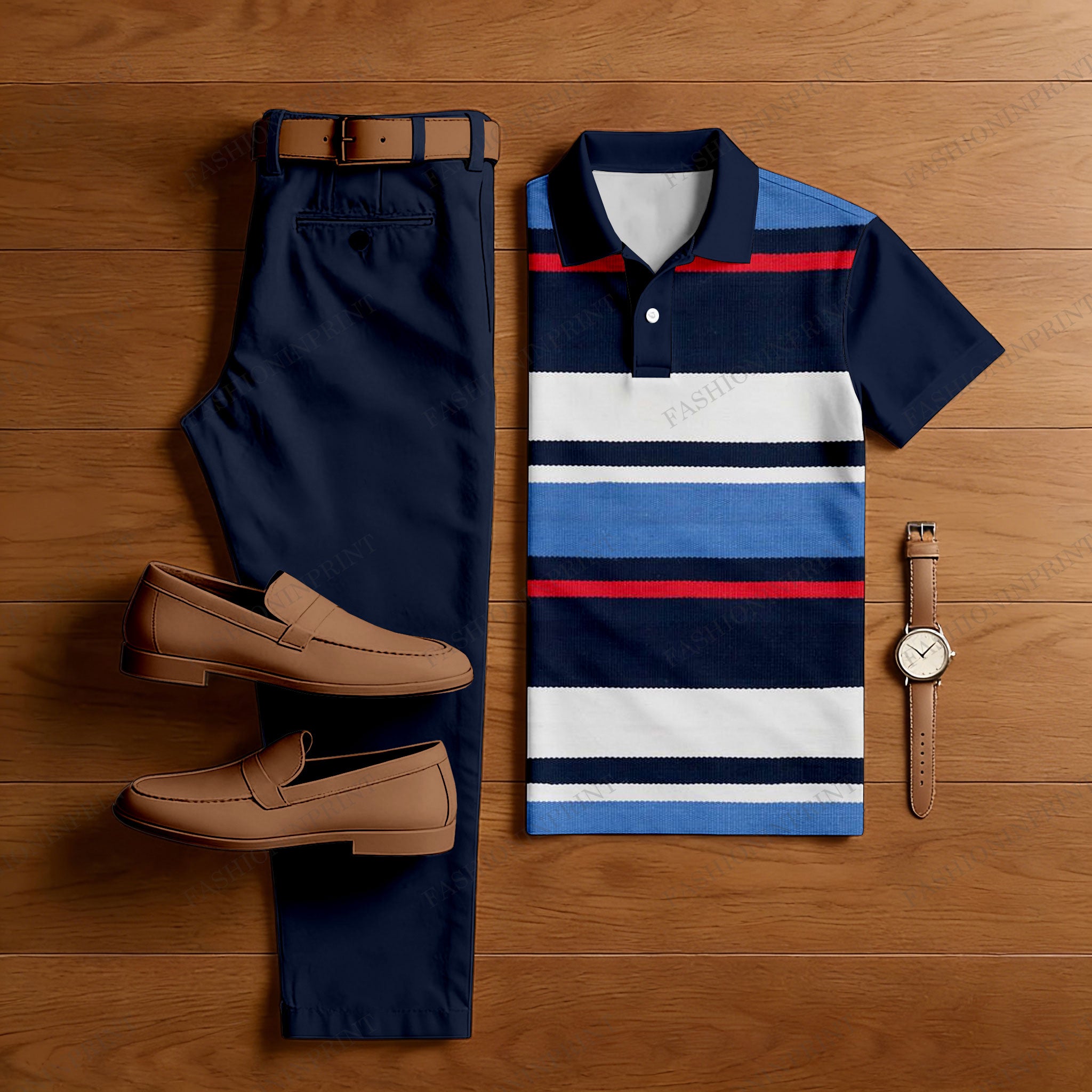 Men's Casual Navy Blue & Multi Color Matching Striped Printed Short Sleeved Polo Shirt & Trousers Two-Piece Set
