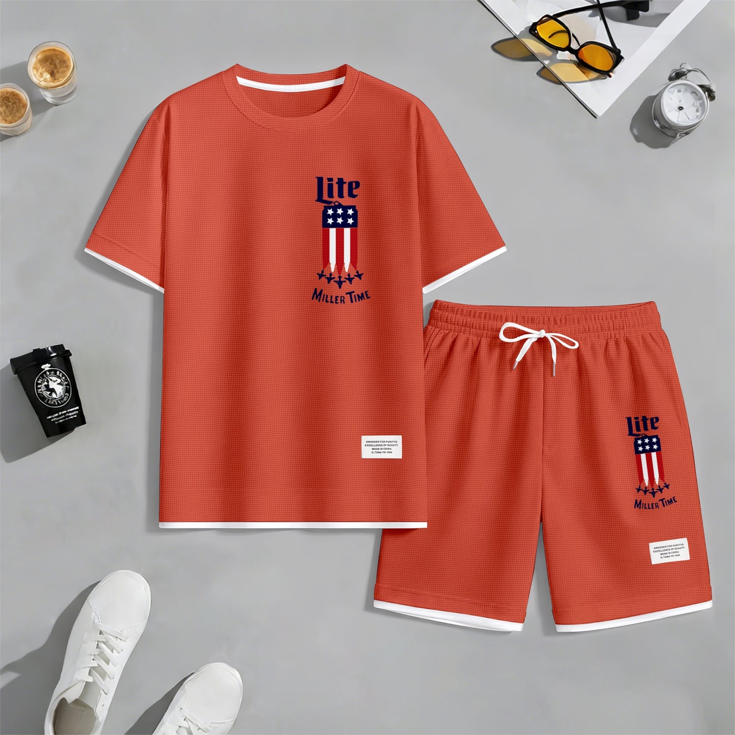 Men's Beer And Beverage Printed Drawstring Shorts Set, Suitable For Spring And Summer Wear, Casual Summer Set, Including Short-Sleeved Shirt And Shorts, Suitable For Everyday Wear And Sports 012