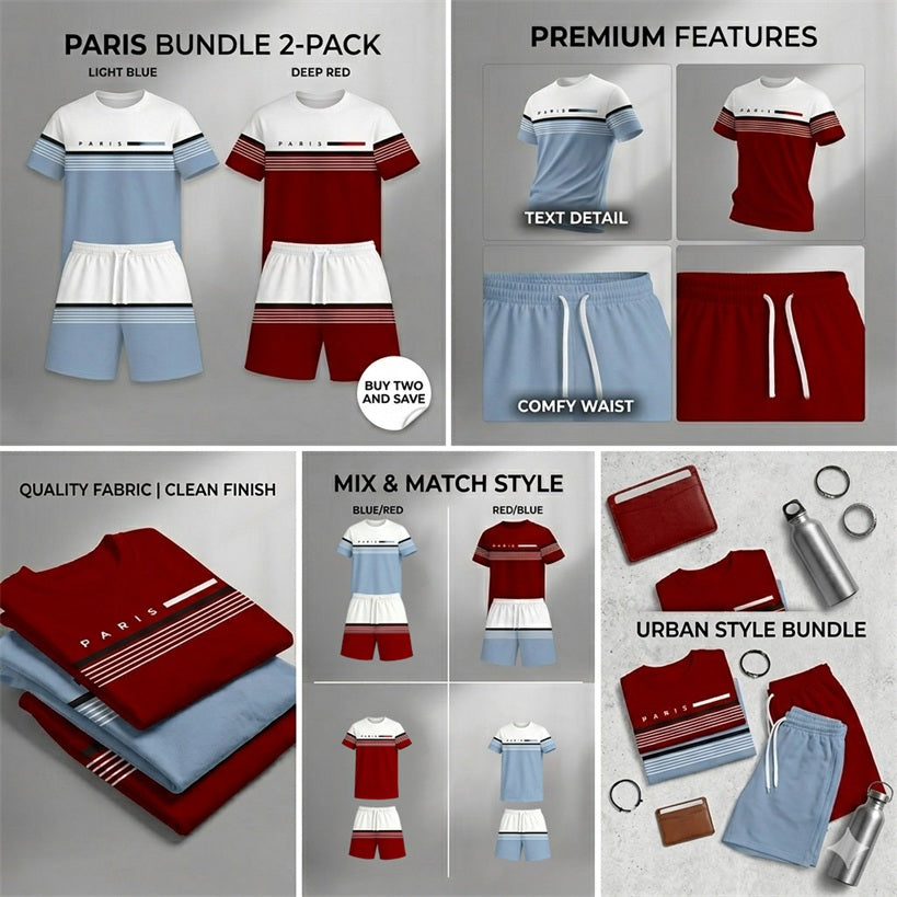 Men’s Summer 2 Pack T Shirt and Shorts Sets, Paris Stripe Graphic Short Sleeve Tops with Drawstring Shorts, Soft Breathable Matching Outfits for Beach, Outdoor Activities, Vacation, Streetwear, and Everyday Style