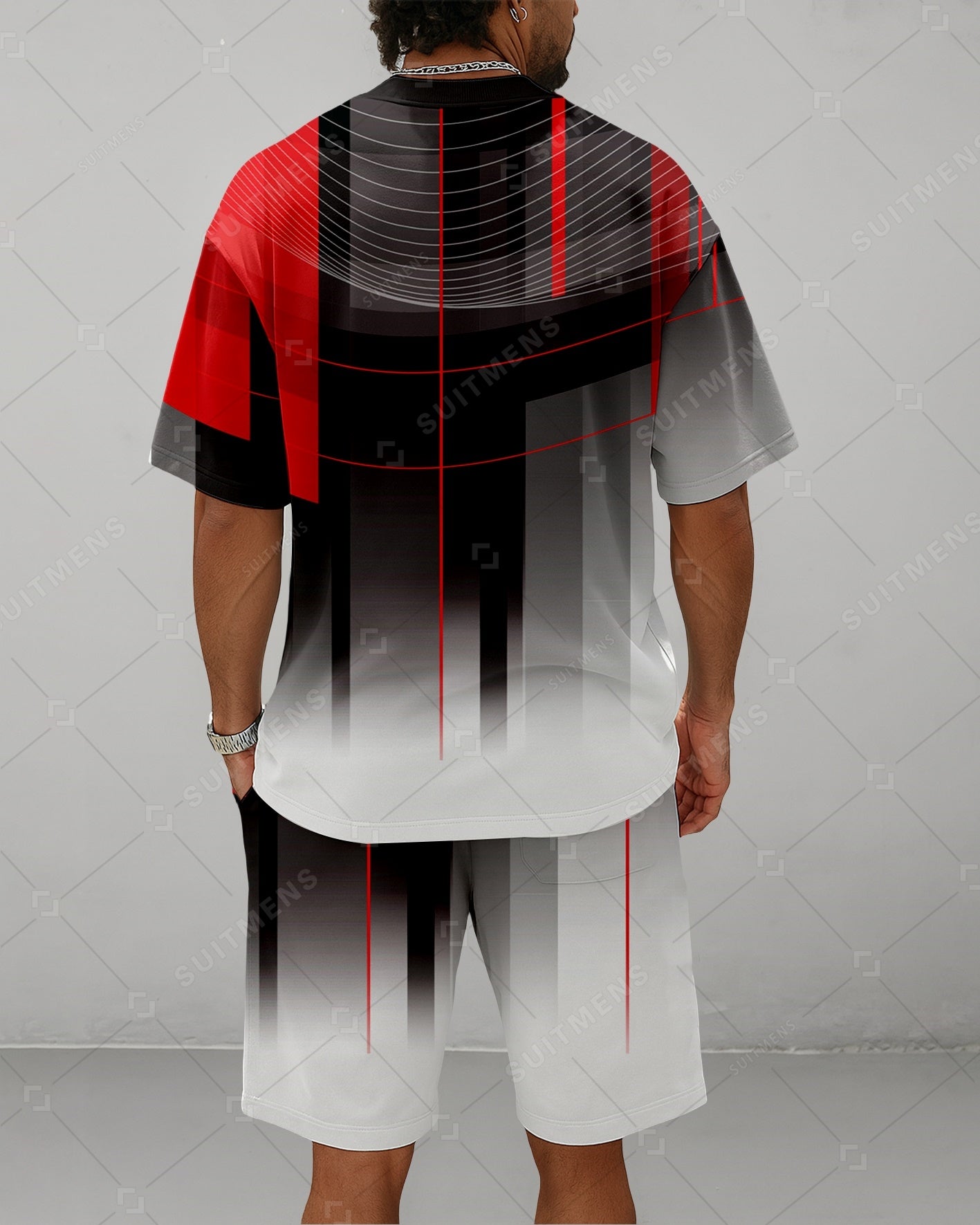 Men's Summer Colorblock Printed Round Neck Suit 059