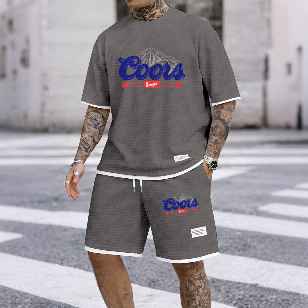 Men's American Beer Print Waffle Fabric Short-Sleeved Shirt And Shorts Set