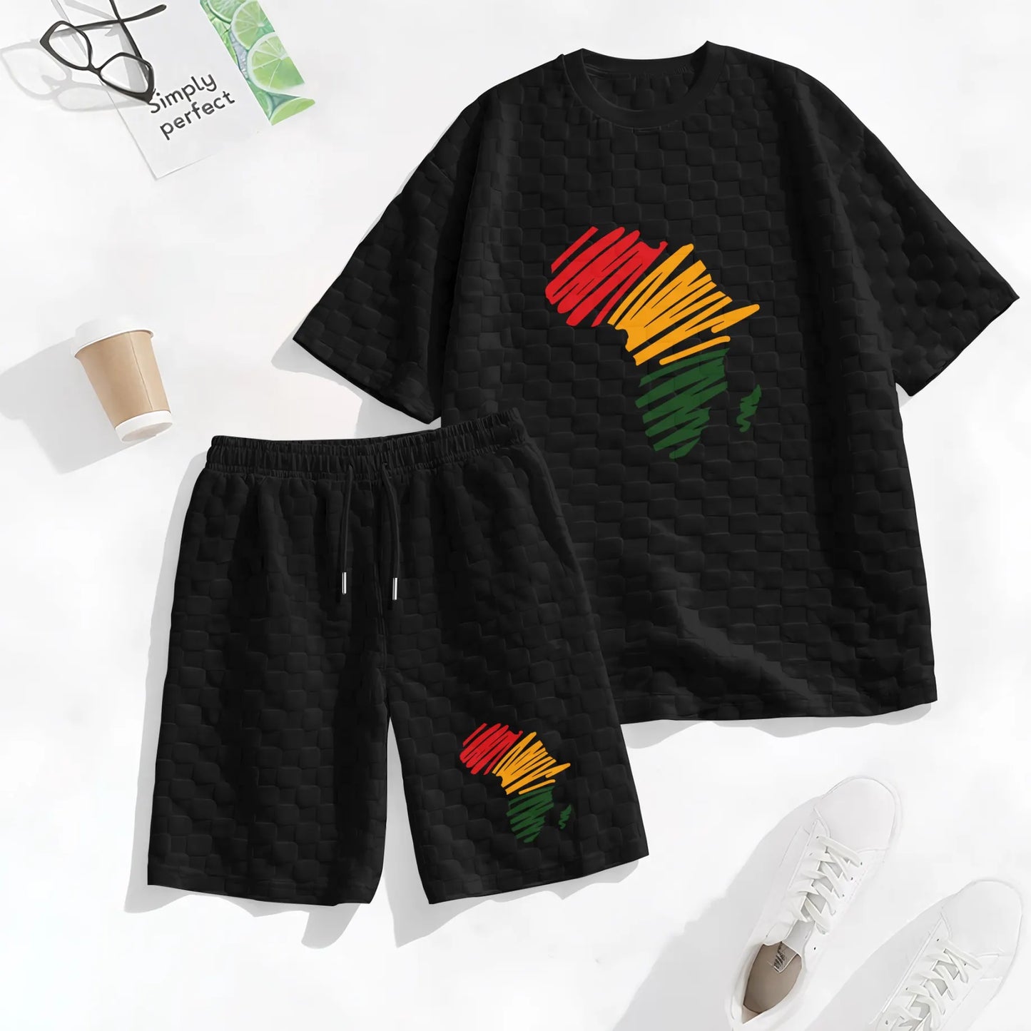 Men's Black History Print Spring And Summer Drawstring Shorts Set, A Casual Summer Outfit, Including A Short-Sleeved Shirt And Shorts, Suitable For Everyday Wear And Sports Activities.