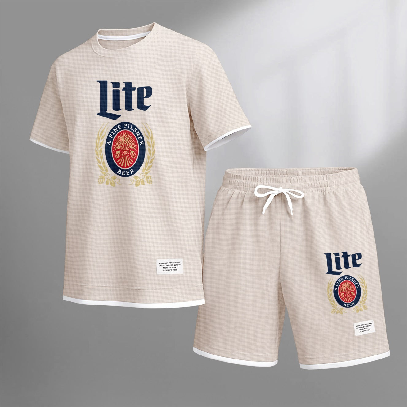 Men's Refreshing Beer Print Waffle Fabric Short-Sleeved Shirt And Shorts Set