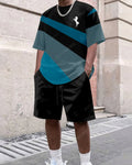 Men's Summer Colorblock Printed Round Neck Set 415