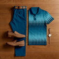Men's Casual Dark Blue Gradient Printed Polo Shirt And Pants Two-Piece Set