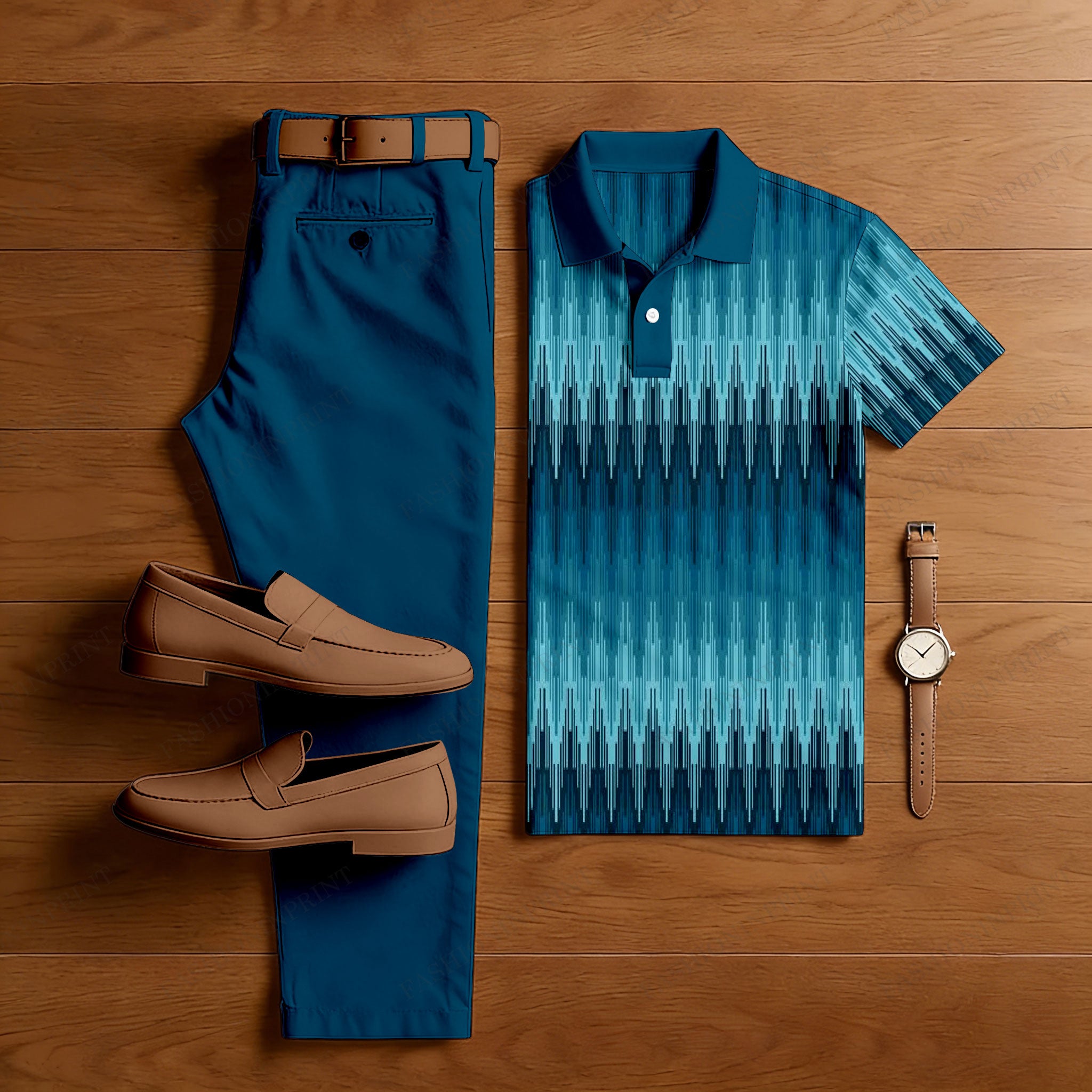 Men's Casual Dark Blue Gradient Printed Polo Shirt And Pants Two-Piece Set