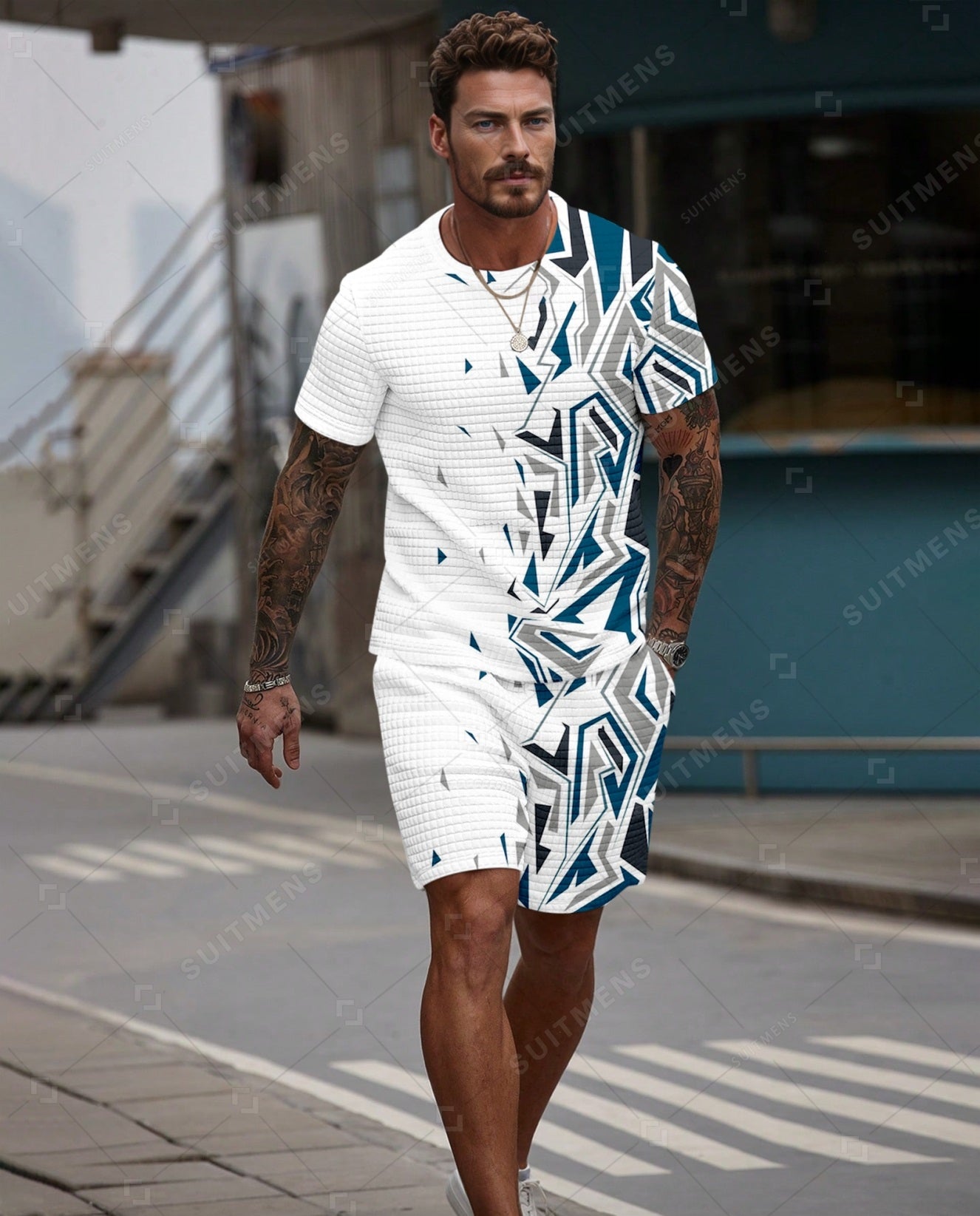 Men's Casual Waffle Textured Summer Round Neck Short Sleeve Shorts Set 006