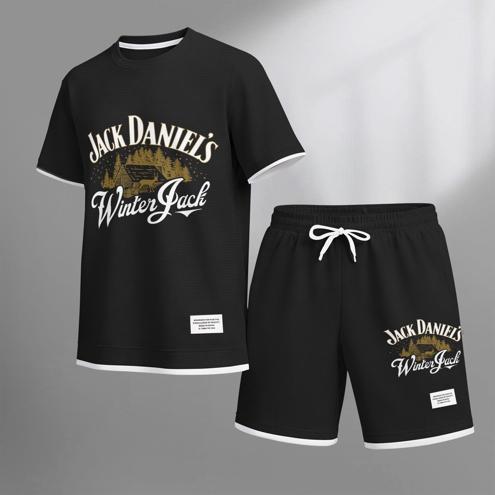 Men's Beer And Beverage Printed Drawstring Shorts Set, Suitable For Spring And Summer Wear, Casual Summer Set, Including Short-Sleeved Shirt And Shorts, Suitable For Everyday Wear And Sports 010