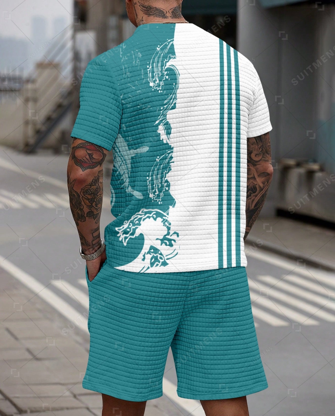 Men's Casual Waffle Textured Summer Round Neck Short Sleeve Shorts Set 001