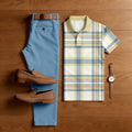 Men's Casual blue & Green Checkered Printed Polo Shirt And Pants Two-Piece Set