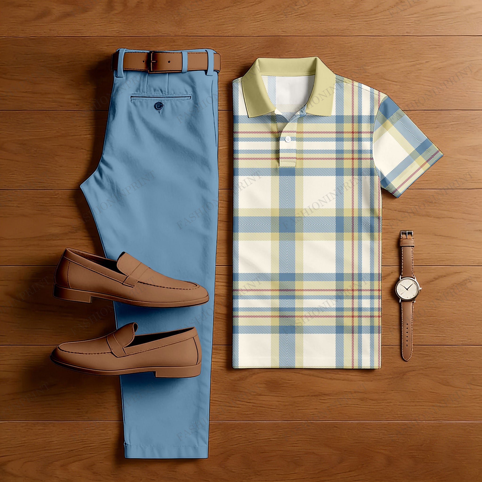 Men's Casual blue & Green Checkered Printed Polo Shirt And Pants Two-Piece Set