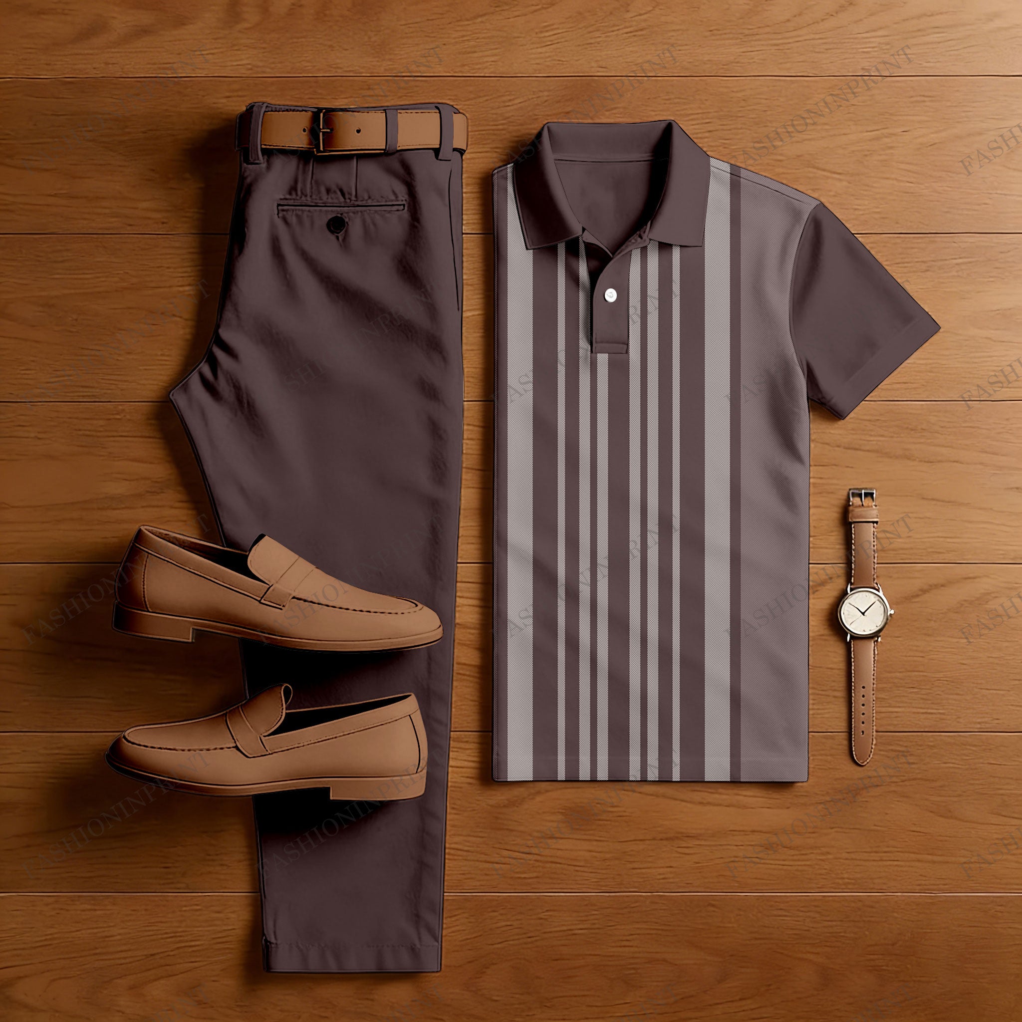 Men's Casual Red Brown & Gray Color Matching Striped Printed Short Sleeved Polo Shirt & Trousers Two-Piece Set
