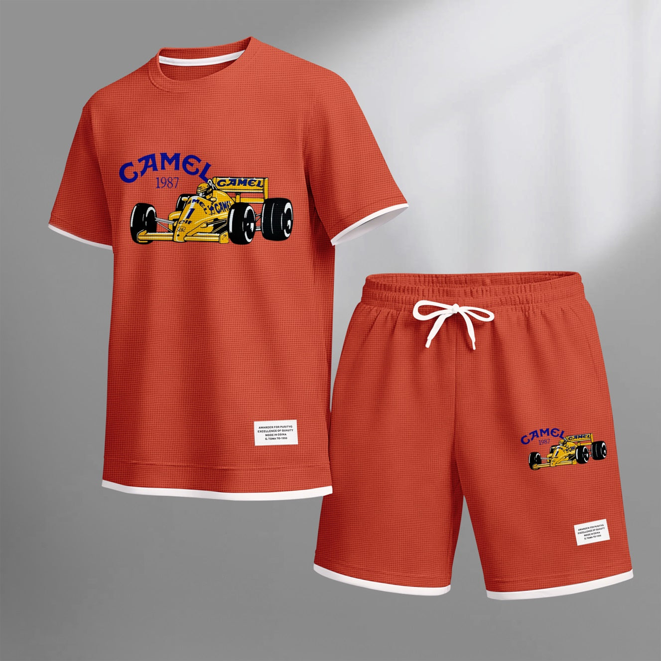 Men's Classic Racing Print Waffle Fabric Short-Sleeved Shirt And Shorts Set 02