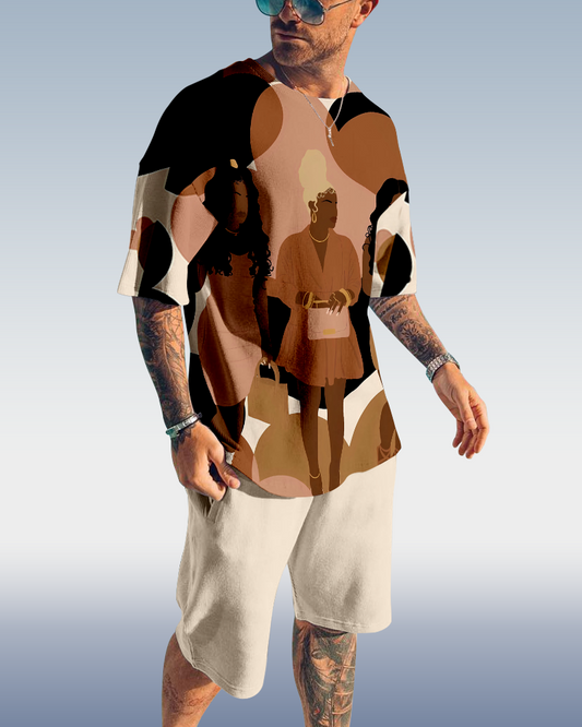 Men's Casual Oil Painting Printed Shorts Set 524
