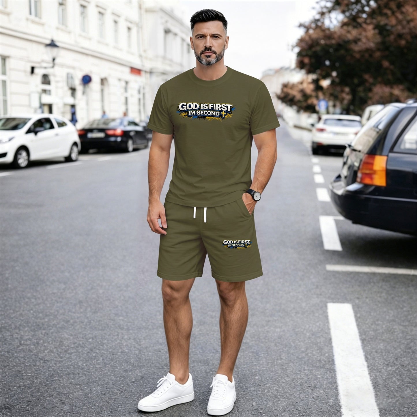 Men’s Christian Summer 2 Piece Set, God Is First I’m Second Graphic Short Sleeve T Shirt and Drawstring Shorts Matching Outfit, Lightweight Breathable Casual Set for Beach, Vacation, Gym, Travel, and Daily Wear