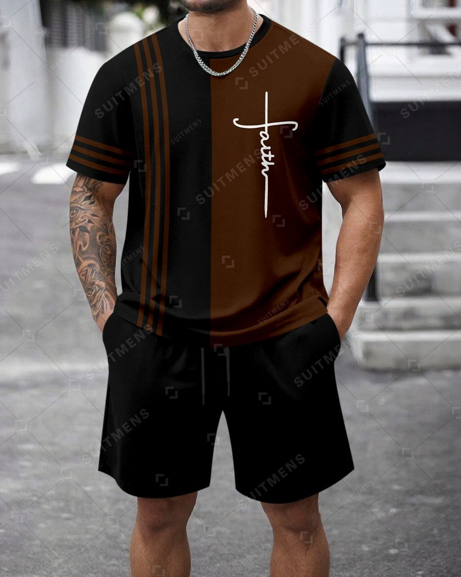Men's Summer Colorblock Printed Round Neck Set 472