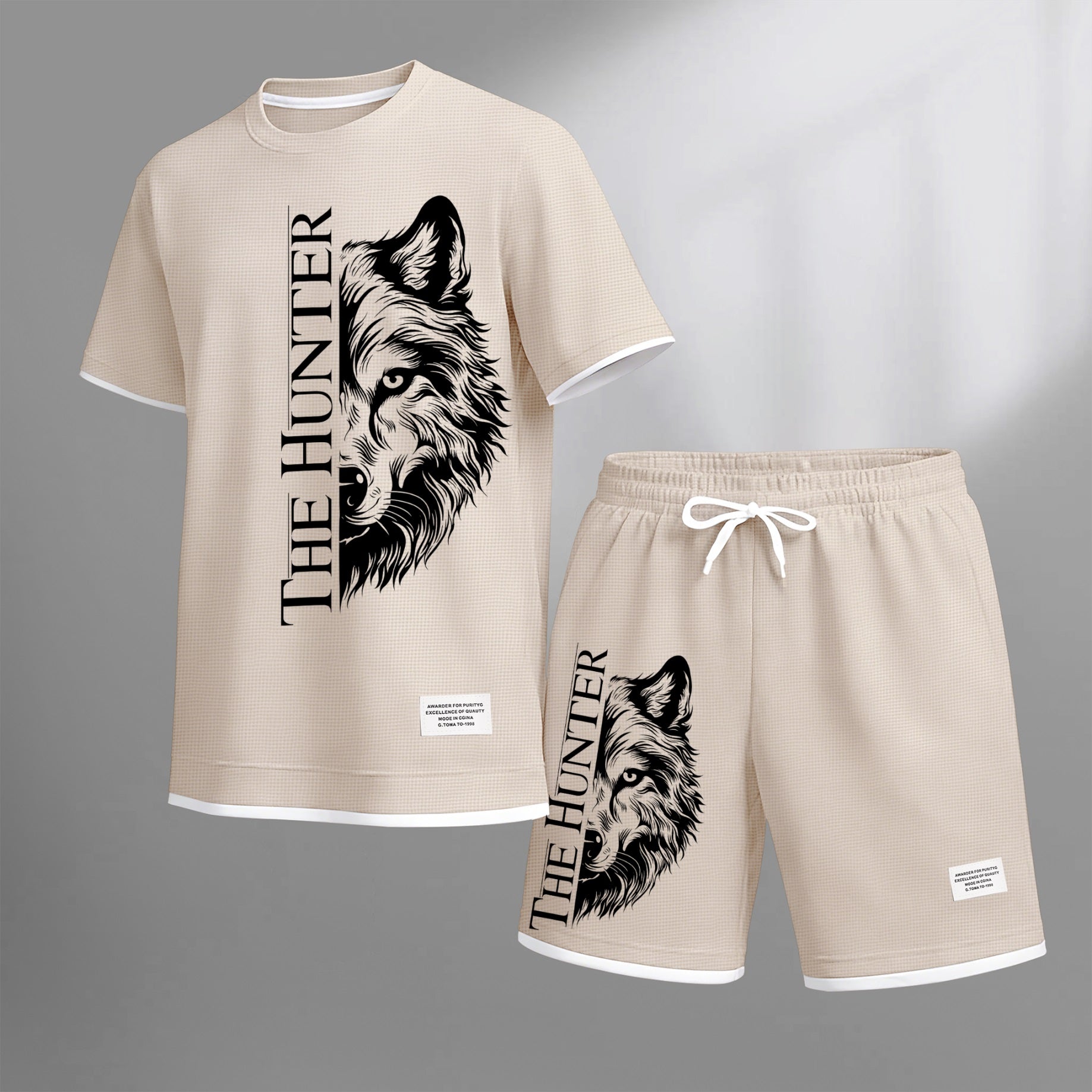 Men's "The Hunter" Wolf Head Graphic Print Waffle Short Sleeve T-Shirt & Shorts Set, Summer Lightweight Casual Sporty Two-Piece Outfit, Streetwear for Gym & Daily Wear